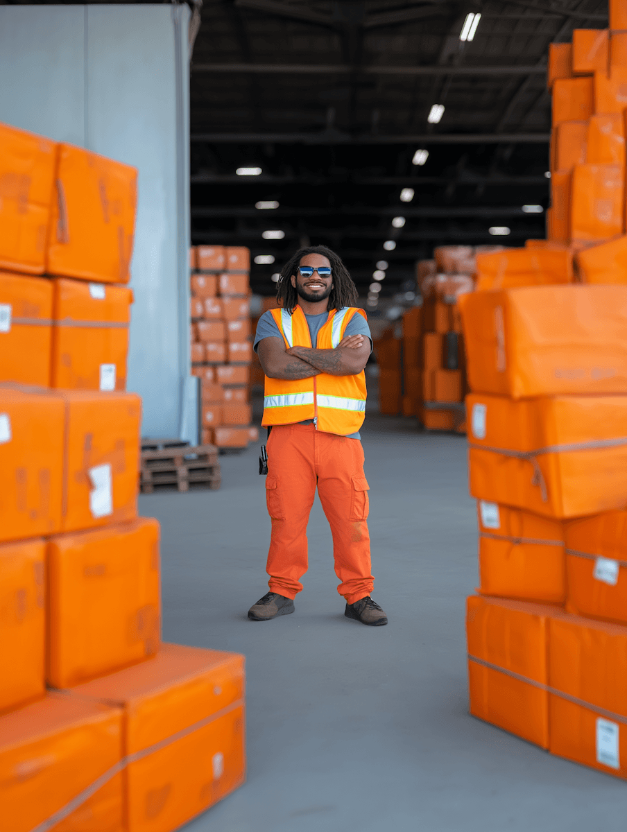 Warehouse worker in safety vest and hard hat, packing a box